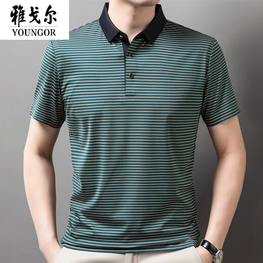 
CEO Yageol Men's Lapel Short Sleeve T-shirt Summer Stripes Young and Middle-aged Business and Casual POLO Shirt Ice Wire Breathable Green 13691 S 165