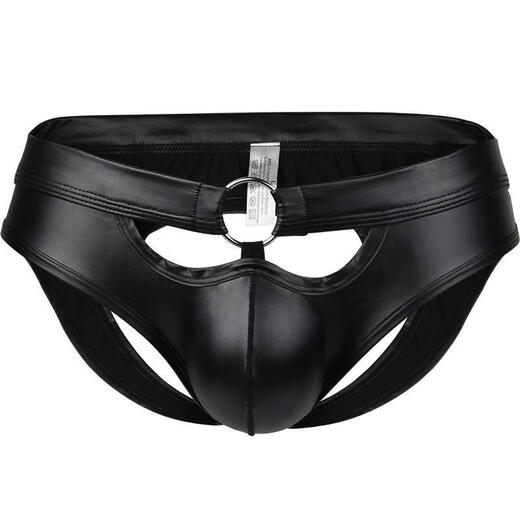Jiuai new men's underwear imitation leather hollow back briefs sexy patent leather youth pants open thong T pants low waist black (long sleeves + underwear) S