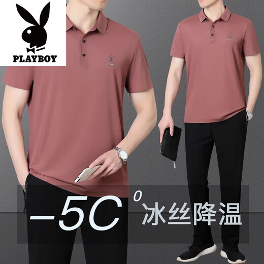 Playboy Men Seda de seda de seda para hombres de manga corta Padre de verano Traje de verano de mediana edad y ancianos