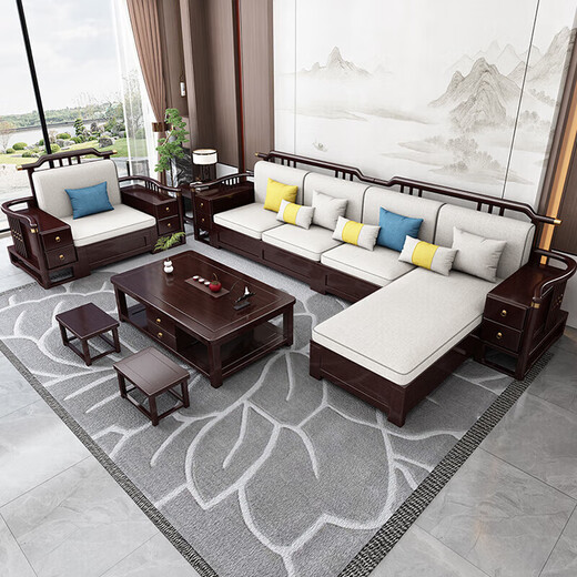 Wenting Yayuan Solid Wood Sofa Living Room New Chinese-style Storage Guifei Fabric Combination Light Luxury Small Apartment Furniture 9906 1+1+3+ Drawer Coffee Table [Storage] Cotton and linen cover