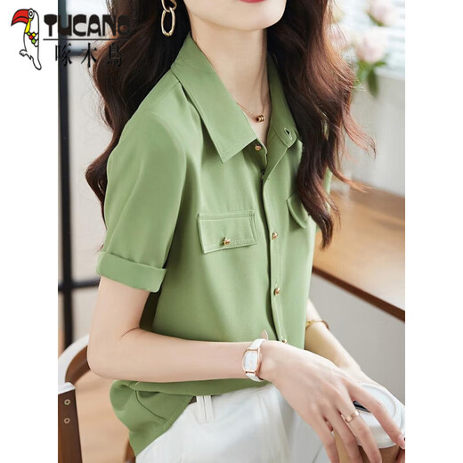 Woodpecker Interview Couleur solide chemise à manches courtes pour les femmes dans la réduction de l'âge d'été 2025 Nouveau design Niche à la mode en mousseline de soie verte S Green S