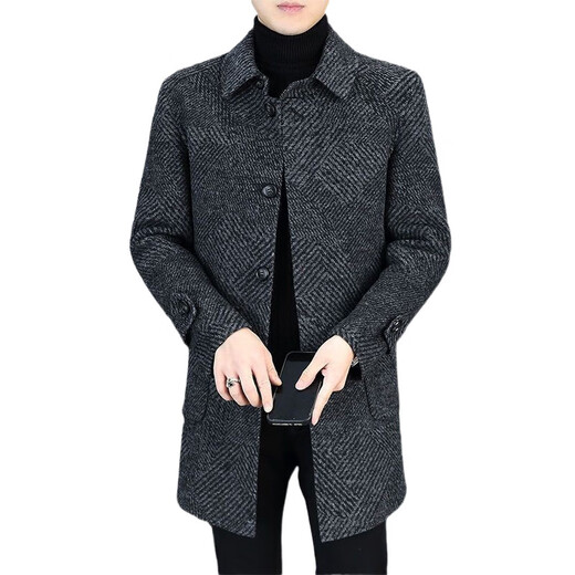 JEEP winter thickened double-sided loose woolen coat men's medium-length single-breasted business casual high-end woolen coat men black gray XL recommended 130-150Jin Jin equals 0.5 kg