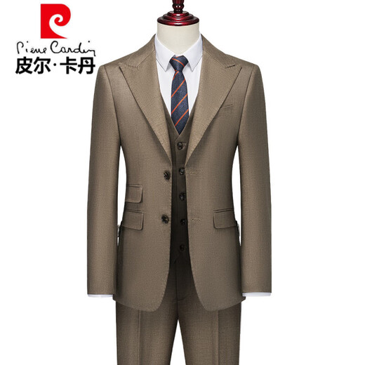 Pierre Cardin high-end wool suit suit men's business casual no-iron formal fit wedding dress suit three-piece brown three-piece vest + suit + trousers M 110Jin Jin equals 0.5 kg within