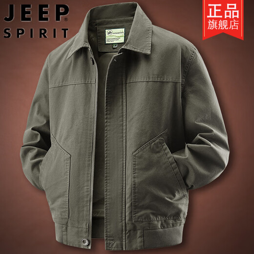 Jeep (JEEP) Spring and Autumn Washed Cotton Casual Loose Jacket Men's Fashion Large Size Loose Middle-aged Lapel Jacket Dad's Wear Army Green 2XL Suitable for Weight 160-170Jin Jin is equal to 0.5 kg