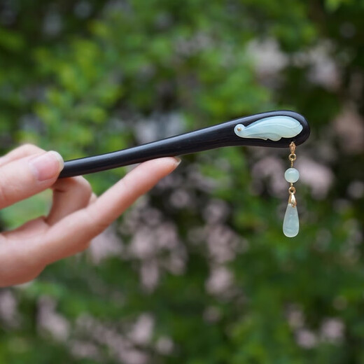 Kamalun (KAMALUN) hairpin for women, ancient style, tassel, black sandalwood hairpin, cheongsam, Hanfu headwear, handmade hairpin for wife, double-sided jade flower - tassel style + brand gift box