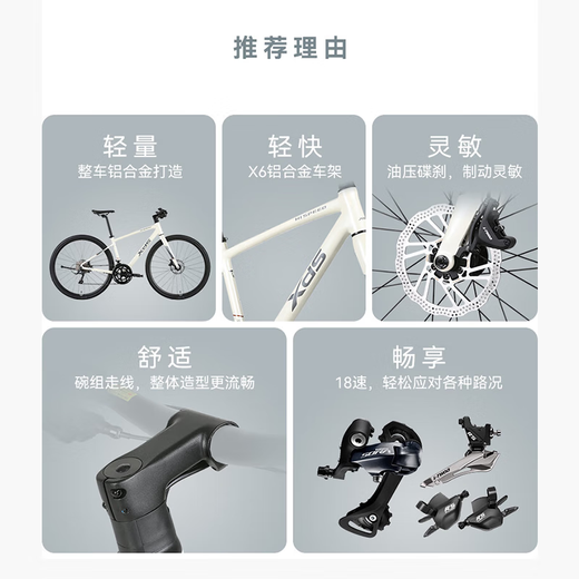 喜德盛（xds）极速380平把公路车油压碟刹18速禧玛诺后拨桶轴自行车成人 米白/卡其 450mm 建议身高160-170cm