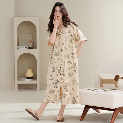 纯棉睡裙女款春秋季长袖宽松加大码开叉长款过膝可外穿开衫家居服 Z826 2XL