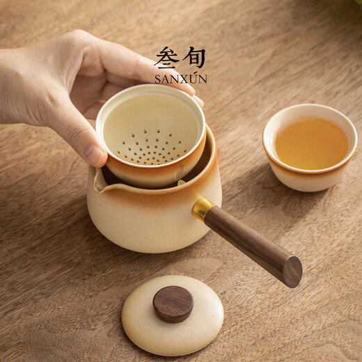 30-year-old Dunhuang sandstone glaze automatic teapot quick cup ceramic household Chinese style lazy travel tea set (sandstone glaze) rotary teapot + 2 tea cups