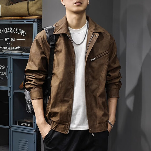 JEEP SPIRIT jacket men's autumn and winter Maillard retro leather jacket men's new American casual handsome pilot leather men's coffee color XL suitable weight 145-165Jin Jin equals 0.5 kg