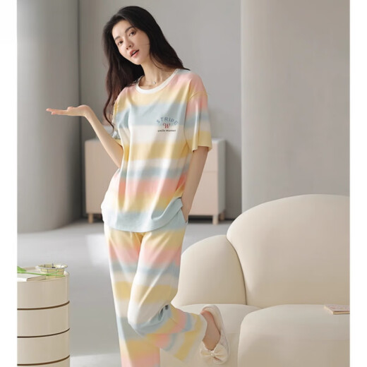 猫人（MiiOW）睡衣女夏季纯棉短袖长裤2025新款夏天女款风家居服套装 NJR-9715 M [建议80-100斤穿]