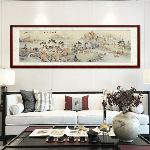 Shangdetang hand-painted Chinese painting landscape painting backing living room cornucopia ink painting office decoration painting streams and mountains Qingyuan map Sapele solid wood frame - rounded walnut color framed 216*66cm (recommended)