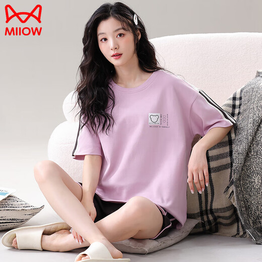 猫人（MiiOW）2025年新款带胸垫女士睡衣夏季纯棉短袖薄款卡通可外穿家居服套装 无胸垫12004 M (建议体重80-95斤左右)
