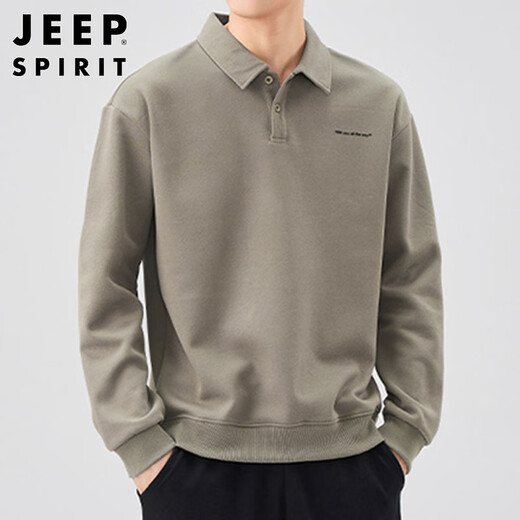 JEEP SPIRIT Jeep POLO shirt men's sweatshirt autumn and winter loose long-sleeved lapel T-shirt top men gray green XL