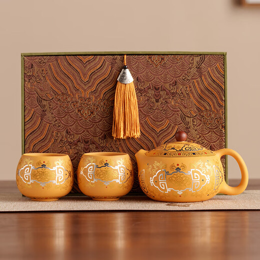 Painted silver gold Duan Mu purple sand tea set high-end Kung Fu Xi Shi teapot tea cup as a souvenir for customers and elders Duan Ni - Koi Xi Shi teapot 2 cups + tassel gift box