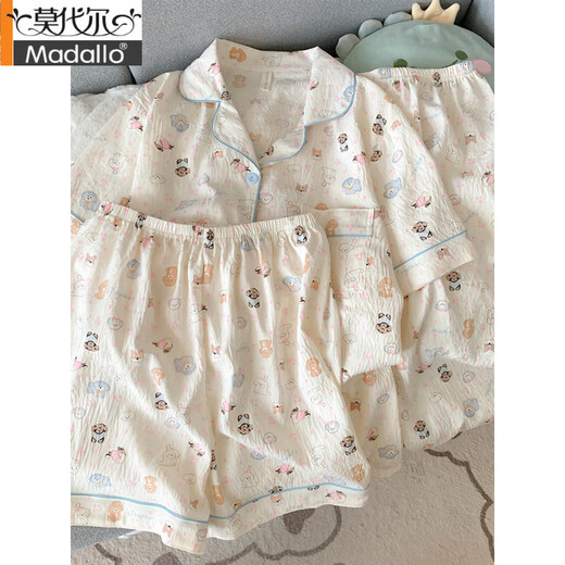 莫代尔纯棉纱布睡衣女短袖长裤春夏款三件套可爱小狗少女开衫家居服夏季 云朵棉-J9901#乐园小狗三件套 M [建议75-100斤]