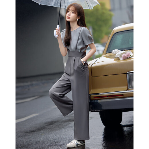 Mohan Yimei loose and slim overalls suit 2025 summer new short-sleeved tops and trousers adjustable women's suit medium gray + light gray 2XL