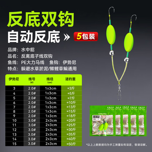 In-water mink finished anti-bottom fishing suspended sub-line double hook set European carp hook anti-off-bottom fishing set tied with big Iseni fish hooks value pack 5 sets anti-bottom line double hook Iseni barbed No. 4 hook