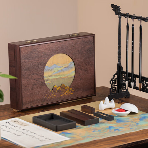 Hu Ying Qianli Jiangshan Longyin Supreme Edition Four Treasures of the Study Set High-end Writing Brush for Beginners Beginner's Entry-level Pen, Ink, Paper and Inkstone High-end Calligraphy Inkstone Table Ink Strip She Inkstone Pen Holder Gift Box