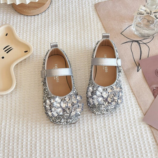 Children's Princess Shoes 2025 Spring and Autumn New Girls' Shoes Soft Sole Little Girls Crystal Shoes Baby Single Shoes Performance Shoes Silver 24
