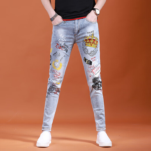 智兜兜秋季高端弹力牛仔裤男士潮牌破洞刺绣潮流修身小脚浅色百搭 浅蓝色3890皇冠破洞裤 均码 36 【建议165-180斤】