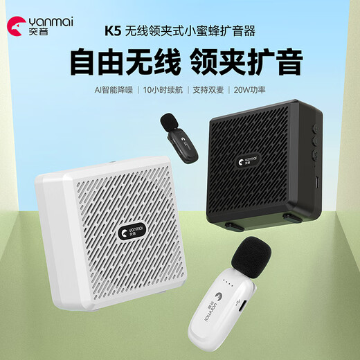 Tuyin K5 Wireless Lavalier Microphone Amplifier for Teachers, Small Bee, High Volume, Anti-Howling, Noise Reduction Microphone for Teacher Class Meetings, Bluetooth Small Speaker, Outdoor Tour Guide, Voice Protector Tuyin K5-White, Double Model, Wireless Lavalier Amplifier