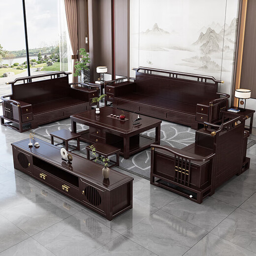 Wenting Yayuan Solid Wood Sofa Living Room New Chinese-style Storage Guifei Fabric Combination Light Luxury Small Apartment Furniture 9906 1+1+3+ Drawer Coffee Table [Storage] Cotton and linen cover