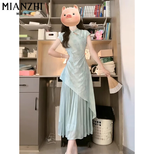Cotton New Chinese Cheongsam Spleißkleid für Frauen im Sommer 2025 Neues kleines Verschmutzungstemperament Schlanker chinesischer Stil langes Kleid 6173 Bildfarbe [hohe Qualität 58] S 80-90Jin [Jin ist gleich 0,5 kg]