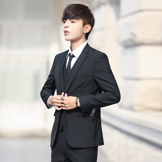 Playboy Suit Men's Summer Teenage Slim Small Suit Professional Formal Groomsman Clothing Wedding and Adult Ceremony Black 2-button Suit Top+Pants+Shirt+Vest L