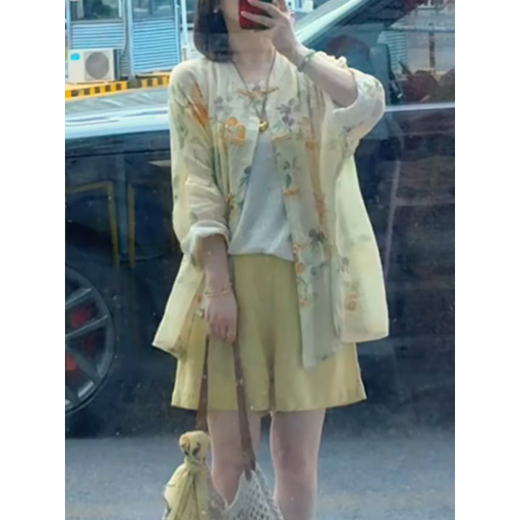 Rindu cotton and linen suit for women high-end linen Chinese style shorts suit for women 2025 summer thin high-end linen 9761 light yellow top + 9667 yellow pants [small M [recommended 100 Jin [Jin equals 0.5 kg] below]