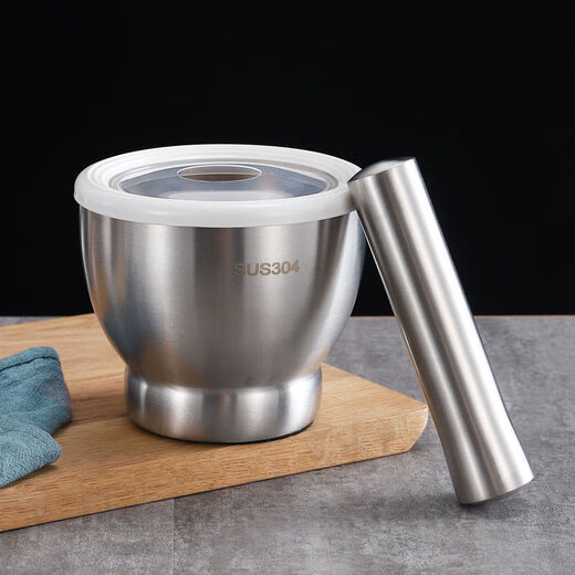 Enshousu 304 stainless steel garlic masher, masher, jar grinder, garlic masher, garlic masher, household large 10 cm drum-shaped masher, anti-spill lid with free spoon