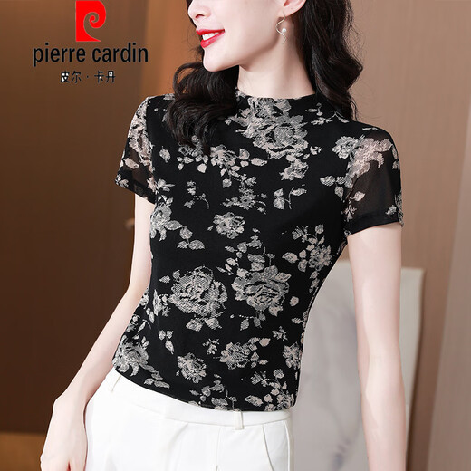 Pierre cardin thin ice silk floral T-shirt for women in summer half-high neck short-sleeved new mesh shirt elastic slim base top 9738 picture color [short-sleeved style] M