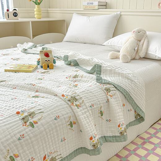 Langsha summer children's six-layer gauze cotton towel quilt 100 pure cotton blanket bath towel baby nap blanket Green Hare Trace A maternal and infant grade standard 110cm*110cm