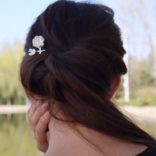 KZD Old Phoenix 999 sterling silver silver hairpin double flower U-shaped hairpin ancient style replica hairpin headdress for women white light peach blossom