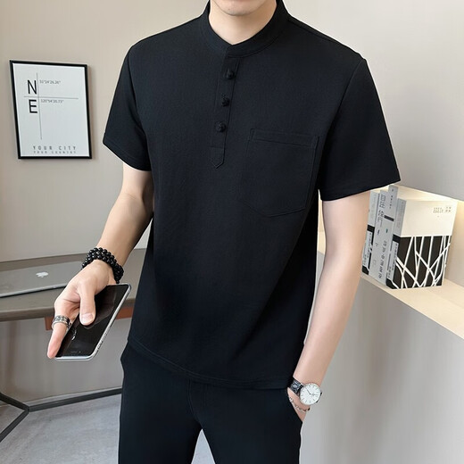 Yalu Chinese style cotton and linen short-sleeved t-shirt shirt men's summer henley collar linen top inch shirt stand collar shirt khaki M about 90~105Jin Jin equals 0.5kg can be worn