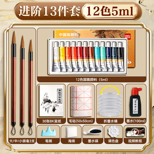 Deli (deli) Chinese painting paint beginner set primary school students' brushes children's adult Chinese painting paint full set 24 colors professional intermediate and advanced ink painting tools and supplies for art students 12 colors advanced recommended set - entry-level 13-piece set