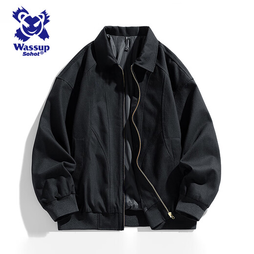 Wassup Sohot Jacket Men's Autumn and Winter Pure Cotton Washed Retro Jacket Men's Slim Lapel Work Jacket Black XL