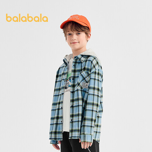 Balabala shopping mall same style boys' shirt children's long-sleeved autumn velvet cotton plaid jacket blue tone 00388 160
