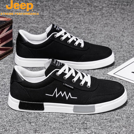 JEEP男鞋春季新款透气帆布鞋男韩版百搭平底板鞋男士防滑耐磨休闲鞋子 6636黑红色升级款/旗舰官方店 44