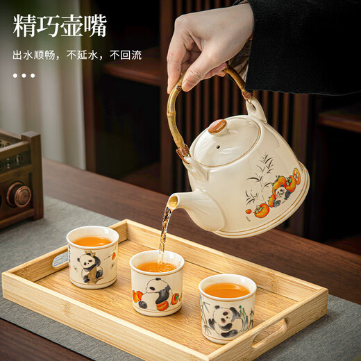 Panda teapot household ceramic teapot tea cup afternoon tea tea set cup set birthday gift ceramic panda bamboo handle teapot (everything goes well)