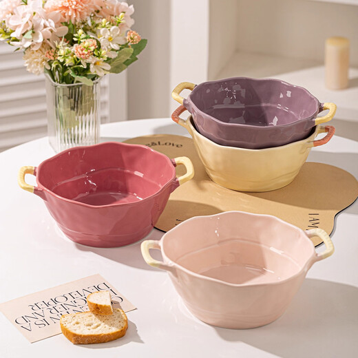 Persson Double-Eared Soup Bowl Home 2025 New Instant Noodle Bowl High-Looking Large Bowl Creamy Noodle Soup Bowl Ceramic Snail Noodle Bowl 9.5-inch Double-Eared Bowl Pink + Milk Yellow