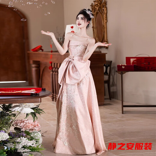 Ma Feixuan's toasting attire, bride's new style, new Chinese style tube top, engagement wedding evening dress, women's dressing gown, back door pink M