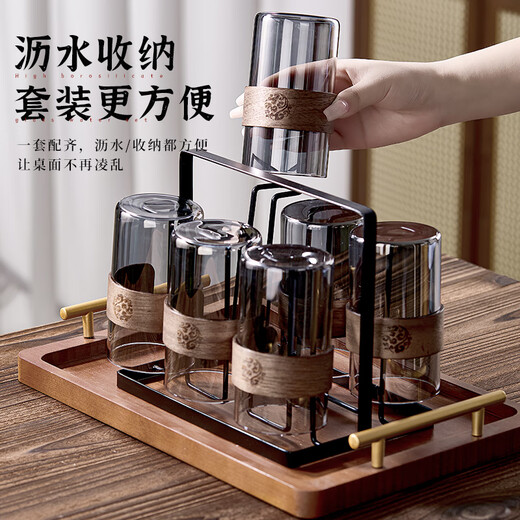 Destry high borosilicate glass water cup home living room set drinking cup high-value high-temperature resistant anti-scalding tea cup 6 ash wood rings + black cup holder