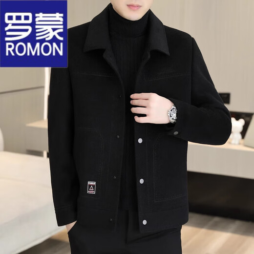 ROMON woolen jacket men's autumn and winter double-sided woolen jacket men's casual lapel thick woolen top short wool coat 2308 Khaki double-sided woolen coat 2XL 141-160Jin Jin equals 0.5 kg