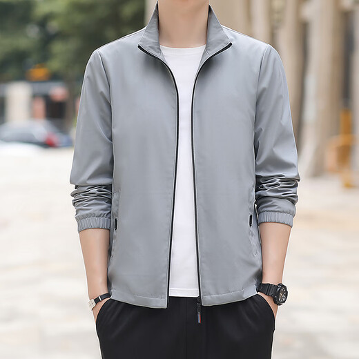 YOOOURTHING Jacket Jacket Men's 2025 Spring and Autumn New Casual Versatile Slim Solid Color Stand Collar Business Wear Winter Velvet Gray XL Recommendation 115-135Jin Jin equals 0.5 kg