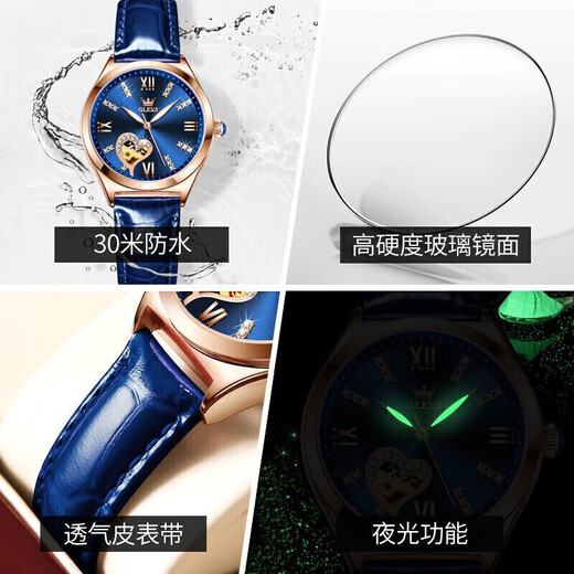 欧利时 （OLEVS）瑞士认证情侣手表一对全自动机械表镂空飞轮夜光防水男女对表 升级版3601间蓝6636玫蓝情侣款