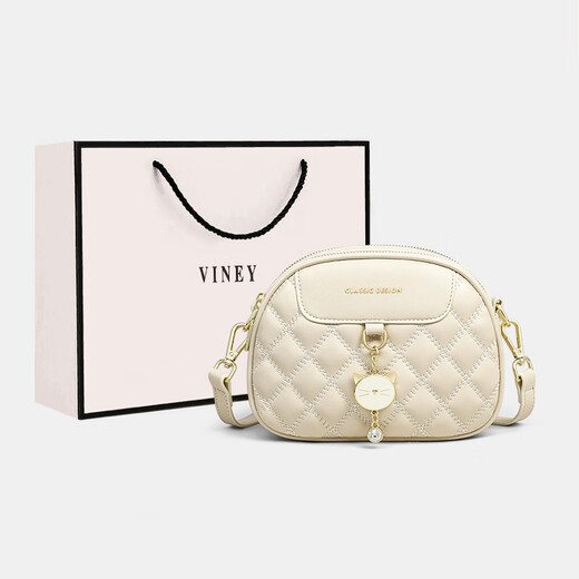 viney新款牛皮包包女包轻奢斜挎包品牌小包生日元旦礼物送女生女友 【米白】新年节礼物送老婆高级感实用单肩手机包 时尚百搭小众洋气小圆包