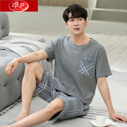 Langsha men's pajamas summer pure cotton short sleeve shorts 2025 new summer thin large size loose home clothing set HD9930*H short sleeve short sleeve suit L 100-125Jin [Jin equals 0.5 kg]
