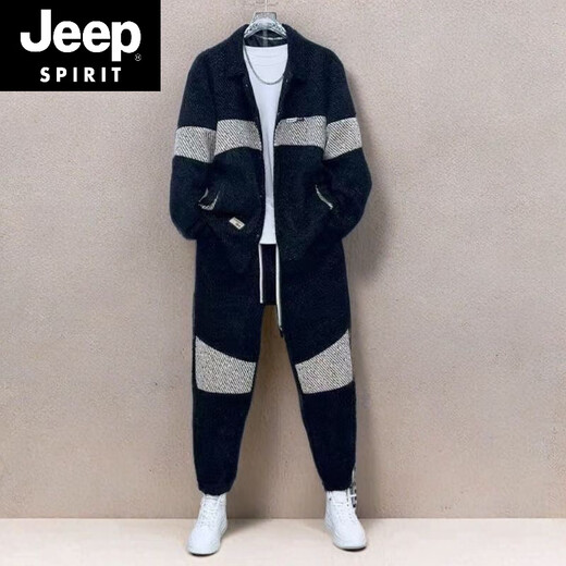 JEEP SPIRIT Jeep Spring and Autumn New Color Matching Suit Men's Fashion Swallowtail Jacket Trendy Versatile Casual Pants Handsome Two-piece Set Black Suit XL