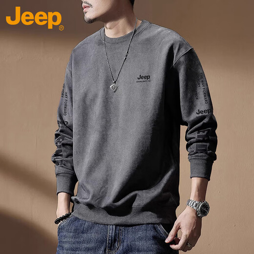JEEP吉普卫衣男外套秋冬季宽松长袖T恤男士潮流休闲上衣服男装灰色3XL