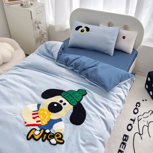 MUJI 100% cotton Class A kindergarten cartoon embroidery three-piece set for babies to enter the kindergarten special quilt cover with core six or seven-piece set Dog companion pure cotton fabric skin-friendly and comfortable children's bed sheet style three-piece set - quilt cover 120*150cm